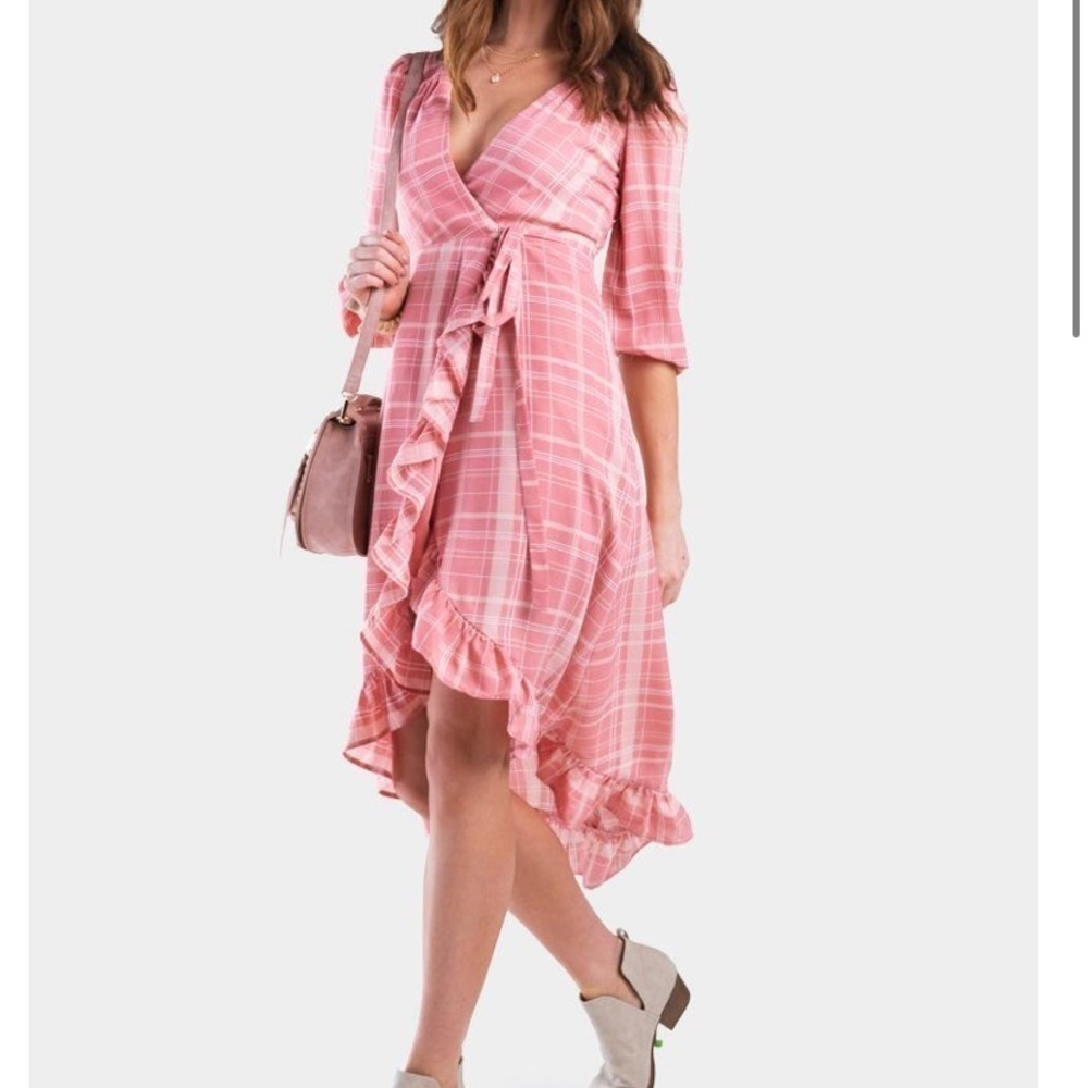 Leticia Plaid Pink Romantic Ruffle Wrap dress midi women’s new size xs